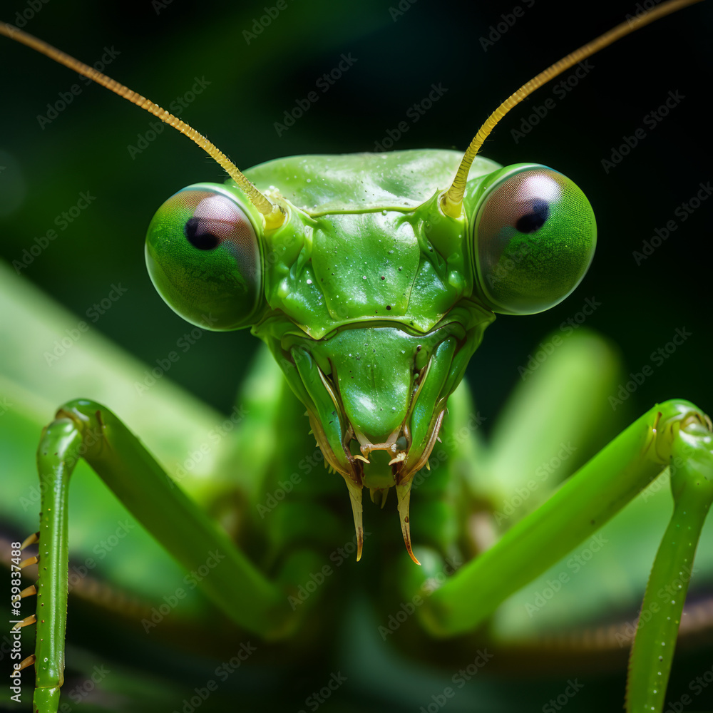 Macro photography of a mantis on a leaf, green on green Macro photography of a mantis on a leaf, green on green