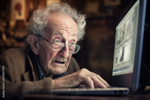 Technology and lifestyles concept. Close-up portrait of old man with surprised face looking and trying to work with computer. Generative AI