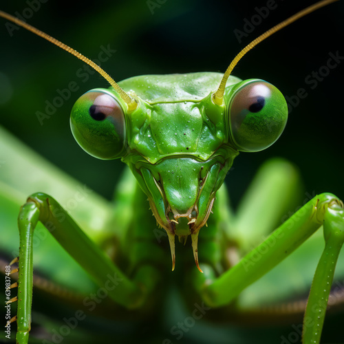 Macro photography of a mantis on a leaf, green on green © Guido Amrein