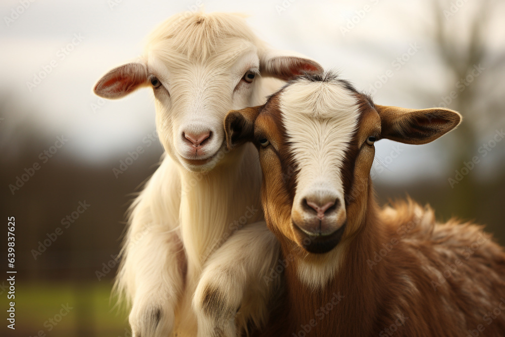 A kind-hearted horse allowing a cheerful goat to perch on its back, love A kind-hearted horse allowing a cheerful goat to perch on its back, love