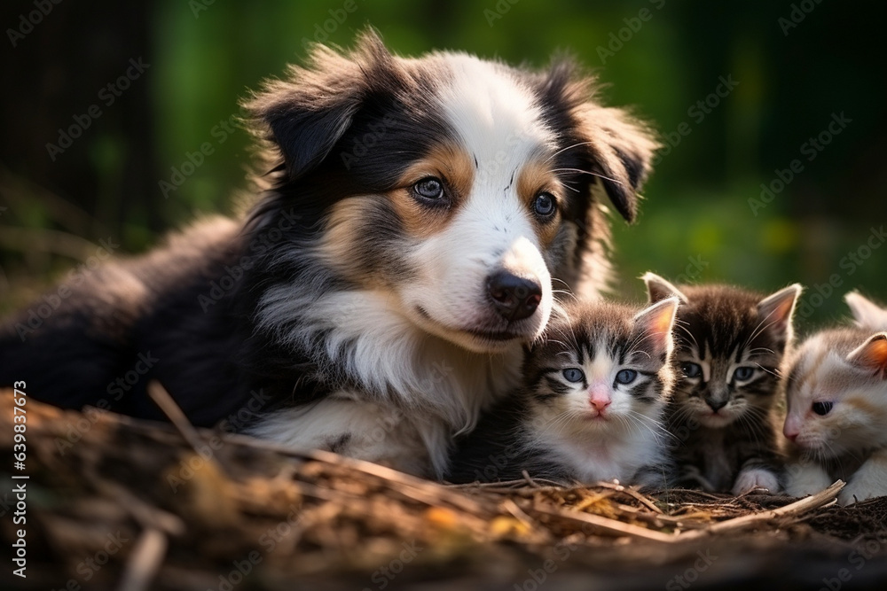 A protective dog watching over a litter of playful kittens, love  