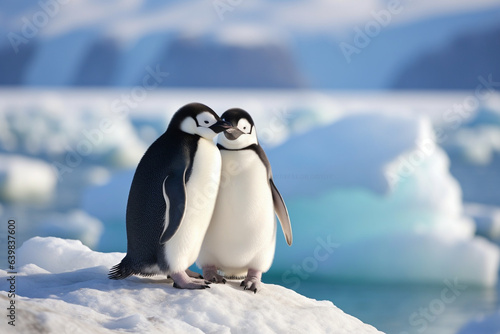 A pair of penguins waddling side by side on an icy shore  love  