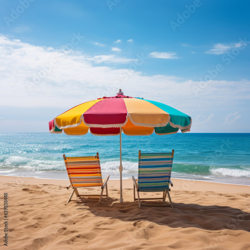 Holiday background  Sun loungers with umbrella on the beach with ocean view