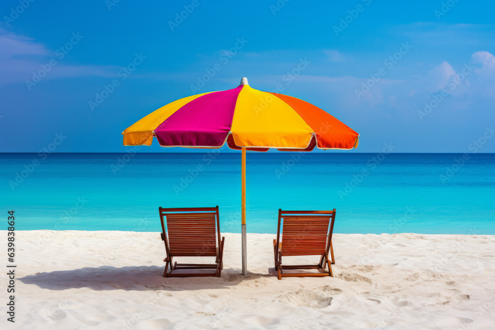 Holiday background: Sun loungers with umbrella on the beach with ocean view