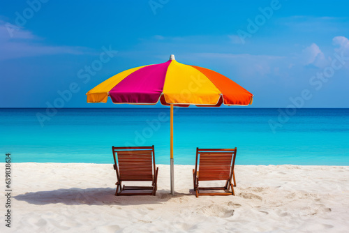 Holiday background  Sun loungers with umbrella on the beach with ocean view