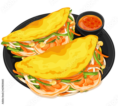 Vietnamese shrimp crispy pancakes (Bánh Xèo) illustration vector. Asian vietnamese food vietnamese banh xeo rice pancakes icon. Vietnamese sizzling pancakes with shrimp cartoon. Vietnam food menu.