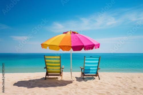 Holiday background  Sun loungers with umbrella on the beach with ocean view