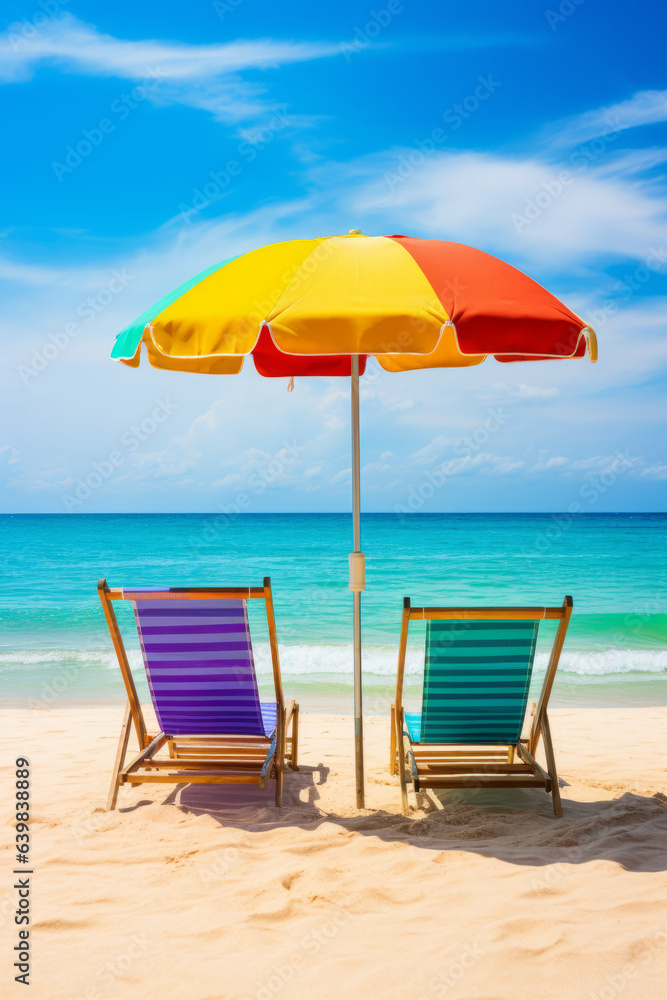 Holiday background: Sun loungers with umbrella on the beach with ocean view