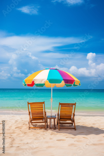 Holiday background: Sun loungers with umbrella on the beach with ocean view