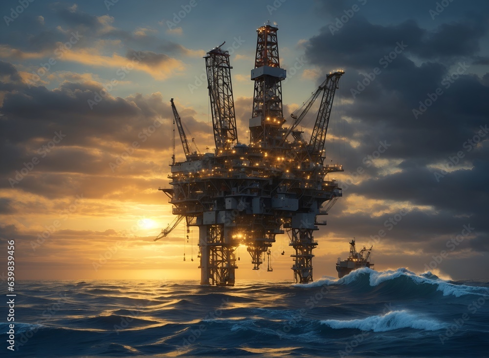 Offshore oil rigs at sunset in oil and gas industry landscape Offshore oil rigs at sunset in oil and gas industry landscape