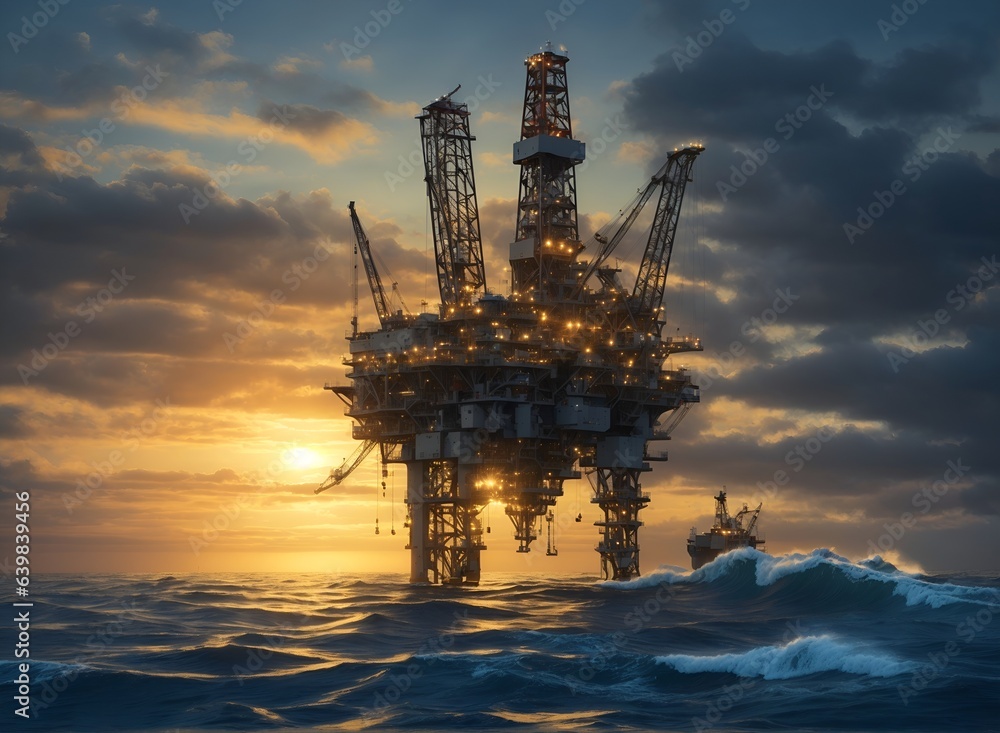 Offshore oil rigs at sunset in oil and gas industry landscape