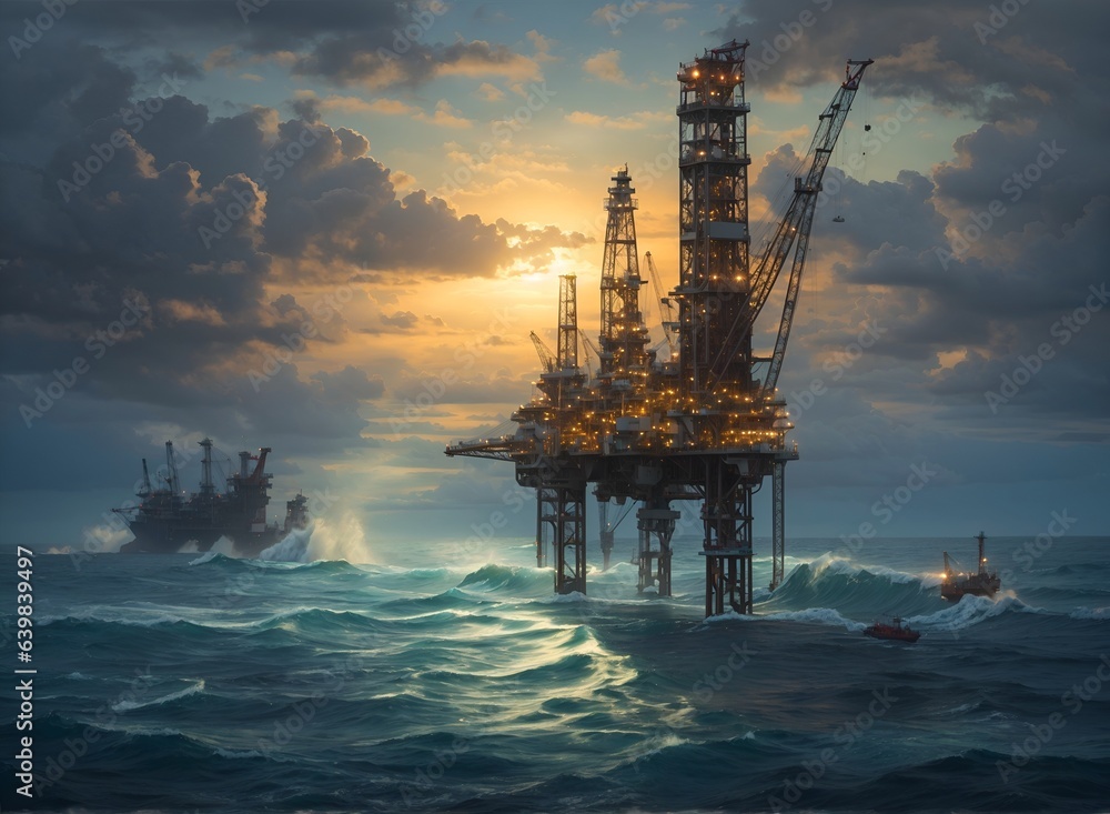 Offshore oil rigs at sunset in oil and gas industry landscape