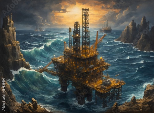 Offshore oil rigs at sunset in oil and gas industry landscape
