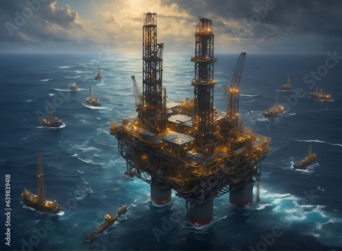 Offshore oil rigs at sunset in oil and gas industry landscape photo