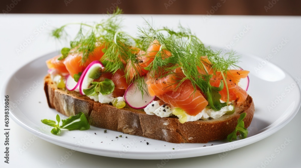 Smorrebrod is an open-faced sandwich with smoked salmon, dill, and pickled onions, set against a clean white background. Modern Nordic design.