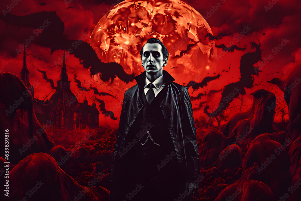 surreal collage of dracula, spooky background , halloween theme background