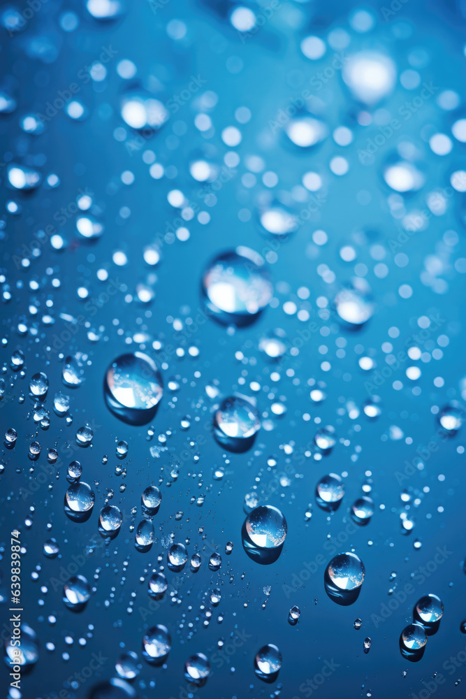 Macro high detailed, close-up water drops on blue background. Generative AI. Macro high detailed, close-up water drops on blue background. Generative AI.