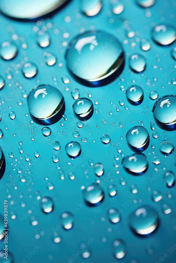 Macro high detailed, close-up water drops on blue background. Generative AI. Macro high detailed, close-up water drops on blue background. Generative AI.