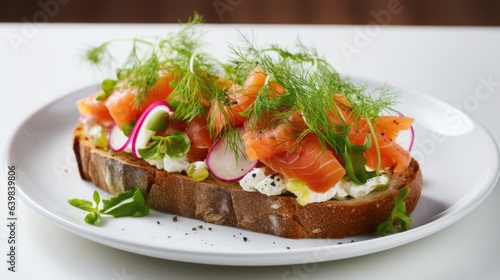 Smorrebrod is an open-faced sandwich with smoked salmon, dill, and pickled onions, set against a clean white background. Modern Nordic design.