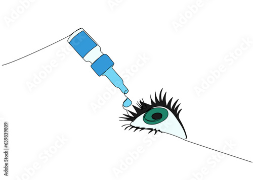 Eye drops, drip eye drops, artificial tear one line color art. Continuous line drawing of pharmacy, healthcare, optical, drop, people, conjunctivitis, ophthalmology. Hand drawn vector illustration