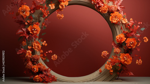 orange yellow autumn october round frame with flowers presentation studio background stagepodium abstract invitation photo