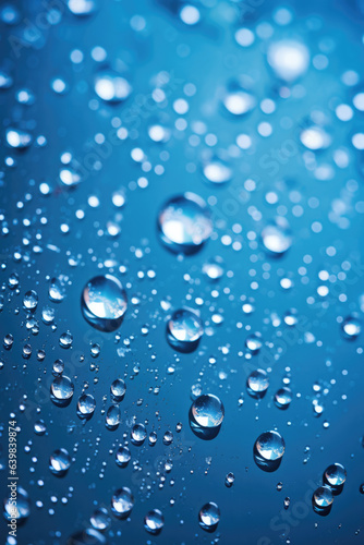 Macro high detailed, close-up water drops on blue background. Generative AI.