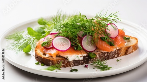 Smorrebrod is an open-faced sandwich with smoked salmon, dill, and pickled onions, set against a clean white background. Modern Nordic design.