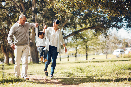 Obraz na plátně Happy, holding hands and grandparents with child in park for playing, love and support