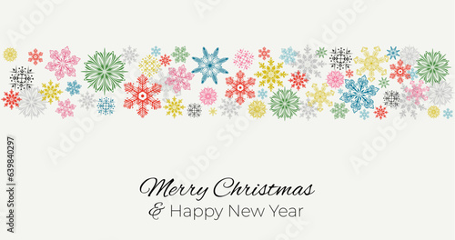 Winter or Christmas background with colorful snowflakes. Snowfall. For wallpaper, packaging, banner, cover, wedding invitation, christmas greeting card