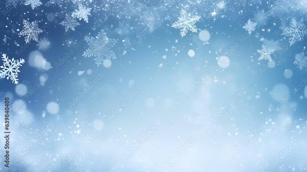 Winter christmas background with blue sky, snowfall, snowflakes