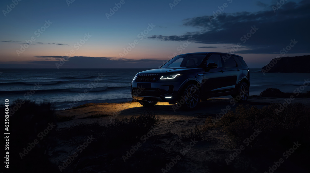 SUV Adventure, Nature's Serenity at Sunset by the Empty Sea, A Tranquil Escape. Generative AI.