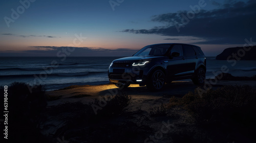 SUV Adventure, Nature's Serenity at Sunset by the Empty Sea, A Tranquil Escape. Generative AI. © STOCK-AI