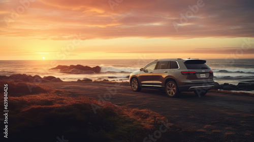 SUV Adventure, Nature's Serenity at Sunset by the Empty Sea, A Tranquil Escape. Generative AI.