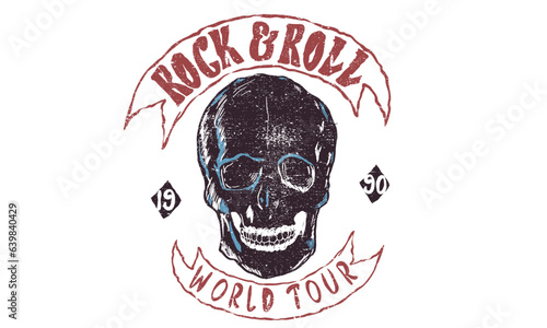 Rock and roll graphic t-shirt print design. Skull vector art.