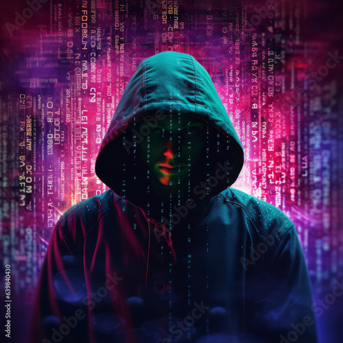 The dark web hooded hacker, digital binary code