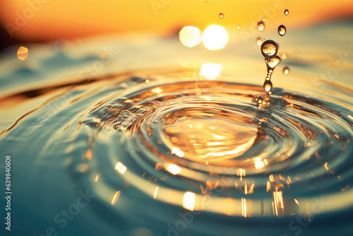 Splashing and spreading water drops on a sunset, high detail macro image. Generative AI.