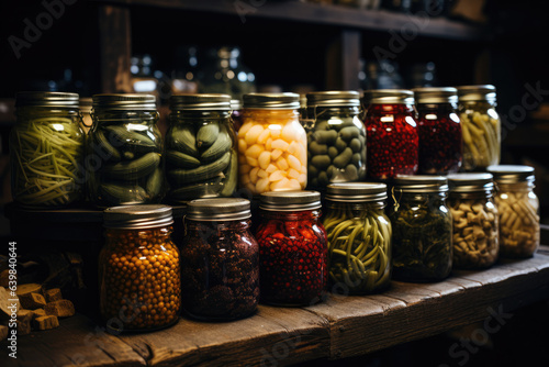 Jars on the shelves staying at pantry with foods. Generative AI.