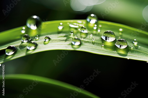 Extreme close-up drops on a plant in rainy day, clean image. Generative AI.