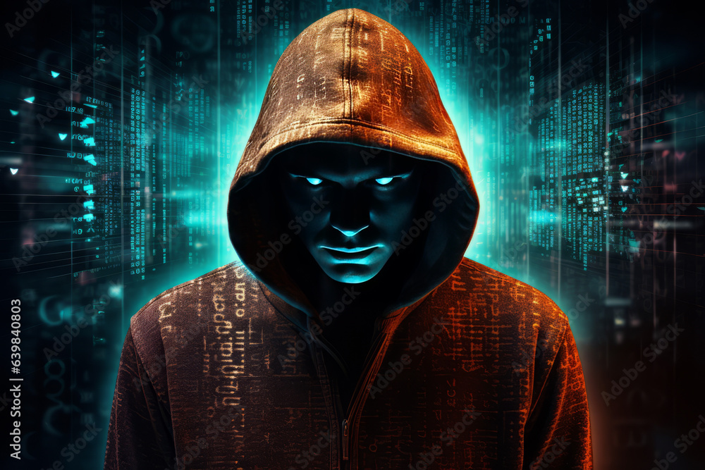 The dark web hooded hacker, digital binary code The dark web hooded hacker, digital binary code