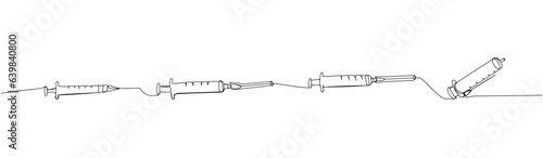 Syringe set. Injection, vaccination, medical supplies, equipment one line art. Continuous line drawing of medication, needle, healthcare, clinical, disposable, tool, narcotic, healthy, pandemic