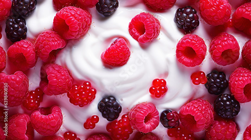 Yogurt and fresh forest berries  background. Top view. Generative AI