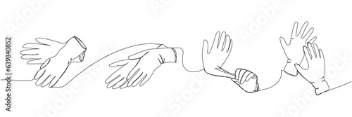 Medical gloves set. Protection, hygiene, sterility, medical supplies, equipment one line art. Continuous line drawing of medication, clinical, disposable, tool, surgery