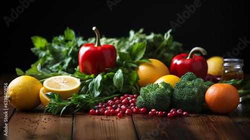 Nutrient-Rich Bounty: Healthy Fruits and Vegetables on Dark Wooden Table