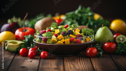 Vibrant Salad Bowl: Fruits and Vegetables on Dark Wooden Table