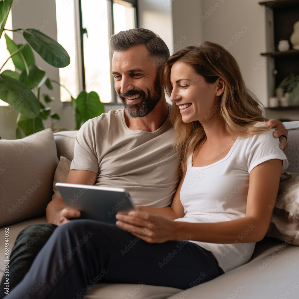 Young married couple sitting on sofa in the living room at home using tablet PC for internet and social media. geneartive Ai Young married couple sitting on sofa in the living room at home using tablet PC for internet and social media. geneartive Ai