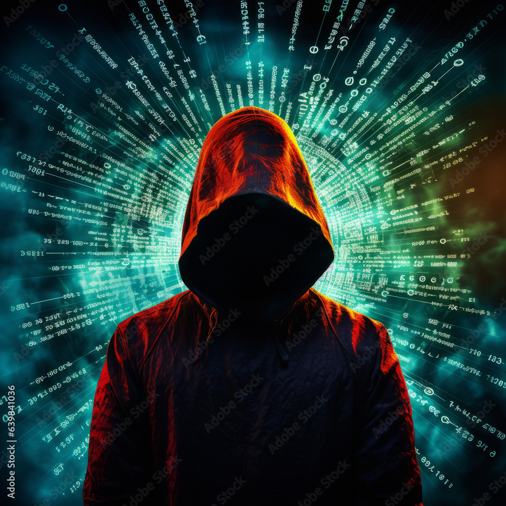 The dark web hooded hacker, digital binary code The dark web hooded hacker, digital binary code