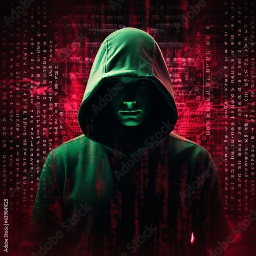 The dark web hooded hacker, digital binary code photo