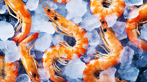 Top view of raw whole king prawns on ice. Seafood background. Generative AI