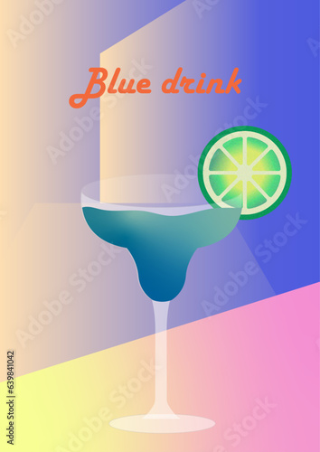 poster bule cocktail with lemon retro style, vignette texture 
