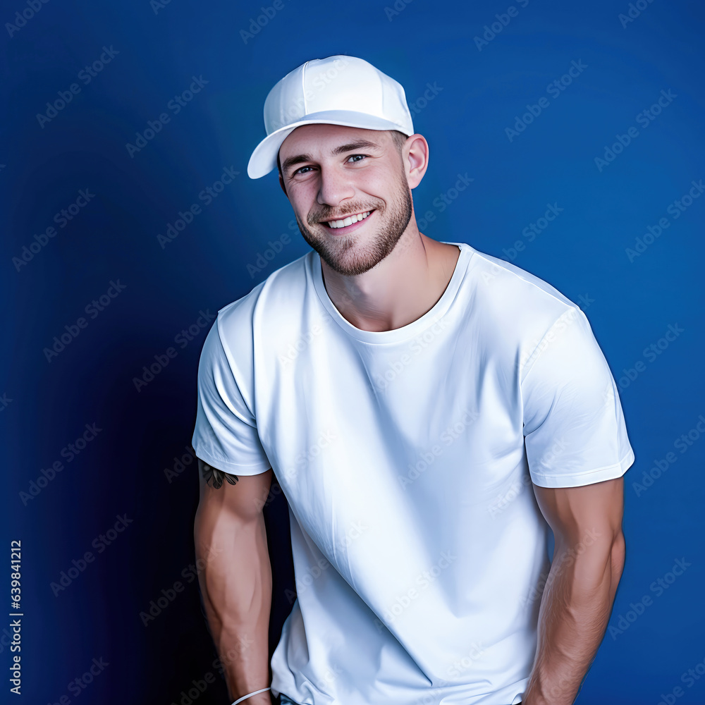 Man with good physique in white tshirt and cap, having tattoo on biccep smiling over the camera Man with good physique in white tshirt and cap, having tattoo on biccep smiling over the camera